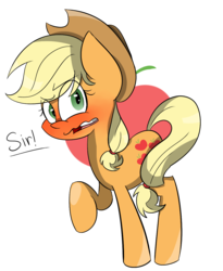 Size: 1005x1227 | Tagged: safe, artist:befishproductions, applejack, g4, blushing, female, raised hoof, signature, simple background, solo, transparent background