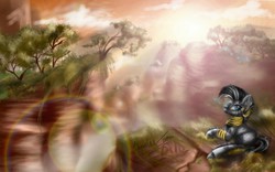 Size: 1209x753 | Tagged: safe, artist:valery-harkovaya, zecora, zebra, g4, cliff, female, lens flare, scenery, signature, solo, tree