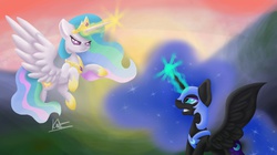 Size: 2048x1146 | Tagged: safe, artist:duskanddashie, nightmare moon, princess celestia, g4, fight, flying, magic, spread wings