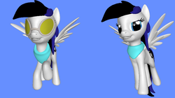 Size: 1005x562 | Tagged: safe, pegasus, pony, ponylumen, 1000 hours in 3d pony creator, 3d, 3d pony creator, aviator sunglasses, black hair, blue eyes, blue hair, clothes, cutie mark, female, flying, goggles, grin, infinity symbol, jenny everywhere, mare, scarf, smiling, solo, sunglasses, superhero