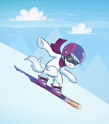 Size: 1062x1200 | Tagged: safe, artist:erysz, double diamond, earth pony, pony, g4, the cutie map, clothes, goggles, male, scarf, skiing helmet, snow, snowboard, solo, stallion