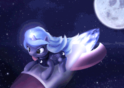 Size: 650x461 | Tagged: safe, artist:rodrigues404, princess luna, alicorn, pony, g4, animated, cute, female, filly, gif, glowing horn, horn, magic, moon, rocket, smiling, solo, space, woona, younger