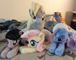 Size: 2052x1606 | Tagged: safe, artist:equinepalette, derpy hooves, fluttershy, octavia melody, trixie, pegasus, pony, g4, beanie (plushie), cape, clothes, female, irl, mare, photo, plushie