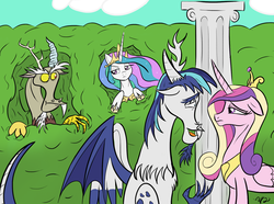 Size: 1652x1228 | Tagged: safe, artist:winterdominus, discord, princess cadance, princess celestia, shining armor, draconequus, g4, draconequified, species swap