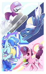 Size: 1000x1600 | Tagged: safe, artist:sion-ara, double diamond, night glider, party favor, sugar belle, earth pony, pegasus, pony, unicorn, g4, the cutie map, abstract background, backwards cutie mark, balloon, blowing up balloons, clothes, cupcake, equal four, female, flying, goggles, group, helmet, male, mare, quartet, scarf, skis, stallion