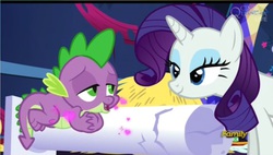 Size: 1077x611 | Tagged: safe, screencap, rarity, spike, castle sweet castle, g4, discovery family logo, female, heart, male, shipping fuel