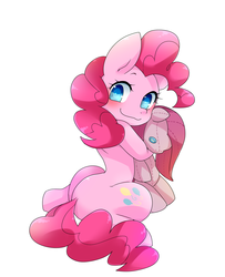 Size: 1000x1230 | Tagged: safe, artist:zakro, pinkie pie, earth pony, pony, g4, backbend, blushing, cute, diapinkes, female, happy, looking at you, pinkamena diane pie, pixiv, plushie, smiling, smiling at you, solo