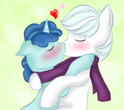 Size: 900x800 | Tagged: safe, artist:chanceyb, double diamond, party favor, earth pony, pony, unicorn, g4, blushing, clothes, cute, daaaaaaaaaaaw, double dawwmond, duo, favorbetes, gay, heart, kiss on the lips, kissing, male, scarf, shared clothing, shared scarf, ship:partydiamond, shipping, stallion