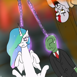 Size: 1000x1000 | Tagged: artist needed, safe, princess celestia, oc, oc:anon, alicorn, human, pony, g4, chains, clothes, frown, god of war, greek mythology, hades, kratos, looking down, necktie, shirt, suit, sweatdrop