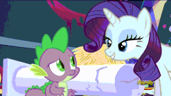 Size: 1280x720 | Tagged: safe, screencap, rarity, spike, dragon, pony, unicorn, castle sweet castle, g4, animated, blinking, discovery family logo, duo, female, flirting, floating, heart, male, mare, shipping fuel
