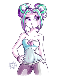 Size: 1280x1536 | Tagged: safe, artist:ponut_joe, aria blaze, human, equestria girls, g4, alternate hairstyle, bare shoulders, belly button, clothes, double buns, female, hair bun, hand on hip, midriff, odango, pants, see-through, simple background, sleeveless, solo, strapless, white background