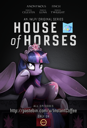 Size: 700x1036 | Tagged: safe, artist:isseus, artist:ved, princess celestia, princess luna, twilight sparkle, oc, oc:anon, alicorn, pony, g4, /mlp/, female, house of cards, mare, parody, sitting, solo, twilight sparkle (alicorn)