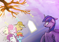 Size: 2047x1447 | Tagged: safe, artist:sakuracheetah, applejack, fluttershy, pinkie pie, rainbow dash, rarity, twilight sparkle, alicorn, pony, castle sweet castle, g4, female, golden oaks chandelier, mane six, mare, scene interpretation, tree of memories, twilight sparkle (alicorn)