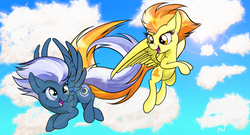 Size: 1280x693 | Tagged: safe, artist:arcuswind, night glider, spitfire, pegasus, pony, g4, the cutie map, anna sztejner, flying, friendshipping, open mouth, polish, voice actor joke