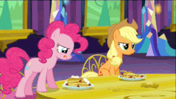 Size: 512x288 | Tagged: safe, screencap, applejack, pinkie pie, earth pony, pony, castle sweet castle, g4, animated, eating, female, gagging, mare, measuring spoon, pancakes, spoon
