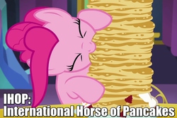 Size: 750x500 | Tagged: safe, screencap, pinkie pie, castle sweet castle, g4, caption, eating, eyes closed, female, image macro, nom, pancakes, pun, solo