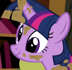 Size: 476x467 | Tagged: safe, screencap, twilight sparkle, alicorn, pony, castle sweet castle, g4, bookshelf, cute, derp, female, mud, solo, twilight sparkle (alicorn)