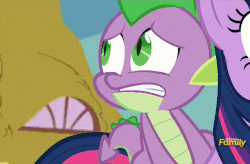 Size: 689x452 | Tagged: safe, screencap, spike, twilight sparkle, alicorn, dragon, pony, castle sweet castle, g4, abuse, animated, crashlight, dragons riding ponies, faceplant, female, flying fail, gif, majestic as fuck, mare, riding, spike riding twilight, twilight sparkle (alicorn), twilybuse, wing pull
