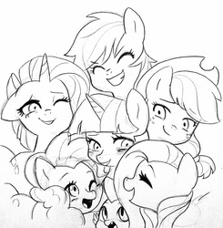 Size: 2330x2382 | Tagged: safe, artist:kianamai, applejack, fluttershy, pinkie pie, rainbow dash, rarity, spike, twilight sparkle, castle sweet castle, g4, crying, group hug, high res, mane seven, mane six, monochrome