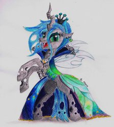 Size: 1024x1145 | Tagged: safe, artist:lailyren, queen chrysalis, changeling, changeling queen, g4, clothes, crown, dress, earring, female, heart, jewelry, looking at you, piercing, rearing, regalia, solo, traditional art