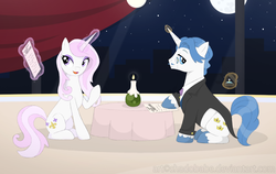 Size: 1100x695 | Tagged: safe, artist:shadobabe, fancypants, fleur-de-lis, pony, unicorn, g4, bottle, candlelight dinner, clothes, duo, engagement ring, female, full moon, glowing, glowing horn, horn, indoors, jewelry, looking back, magic, male, mare, marriage proposal, monocle, moon, night, open mouth, restaurant, ring, ship:fancyfleur, shipping, sitting, skyline, smiling, stallion, stars, straight, table, telekinesis, unshorn fetlocks, wedding ring, wine bottle
