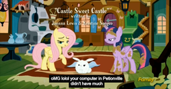 Size: 1600x830 | Tagged: safe, screencap, angel bunny, fluttershy, twilight sparkle, alicorn, pony, castle sweet castle, g4, female, fluffy angel, lidded eyes, lol, mare, meme, omg, twilight sparkle (alicorn), youtube caption