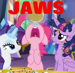 Size: 459x442 | Tagged: safe, edit, edited screencap, screencap, pinkie pie, rarity, twilight sparkle, alicorn, pony, castle sweet castle, g4, caption, female, jaws, mare, movie poster, pancakes, text, twilight sparkle (alicorn)