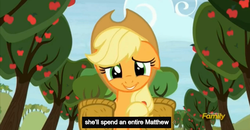 Size: 1600x830 | Tagged: safe, screencap, applejack, castle sweet castle, g4, apple tree, matthew, meme, tree, youtube caption