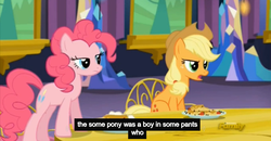 Size: 1600x830 | Tagged: safe, screencap, applejack, pinkie pie, castle sweet castle, g4, meme, pancakes, youtube caption