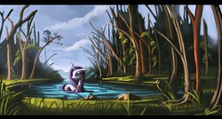 Size: 1220x654 | Tagged: safe, artist:auroriia, rarity, g4, female, scenery, solo, wet, wet mane, wet mane rarity