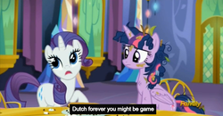 Size: 1600x830 | Tagged: safe, screencap, rarity, twilight sparkle, alicorn, pony, castle sweet castle, g4, dutch, female, mare, meme, pancakes, twilight sparkle (alicorn), youtube caption