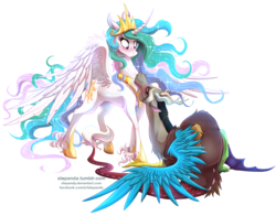 Size: 1000x783 | Tagged: safe, artist:stepandy, discord, princess celestia, g4, bedroom eyes, blushing, curved horn, eye contact, female, floppy ears, horn, male, messy mane, prone, realistic horse legs, ship:dislestia, shipping, smiling, spread wings, straight, unshorn fetlocks, wide eyes