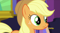Size: 500x281 | Tagged: safe, screencap, applejack, earth pony, pony, castle sweet castle, g4, animated, aside glance, discovery family, discovery family logo, female, lidded eyes, looking at you, solo, unconvinced applejack