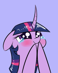 Size: 1024x1280 | Tagged: safe, artist:underpable, twilight sparkle, alicorn, pony, derpin daily, castle sweet castle, g4, blushing, crying, curved horn, cute, female, floppy ears, horn, mare, simple background, smiling, solo, tears of joy, twilight sparkle (alicorn), underpable is trying to murder us