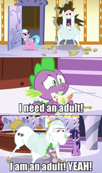 Size: 960x1625 | Tagged: safe, screencap, aloe, bulk biceps, spike, twilight sparkle, alicorn, pony, castle sweet castle, g4, female, i am an adult, i need an adult, image macro, mare, meme, twilight sparkle (alicorn)