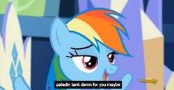 Size: 1600x830 | Tagged: safe, screencap, rainbow dash, castle sweet castle, g4, fantasy class, knight, meme, paladin, warrior, youtube caption