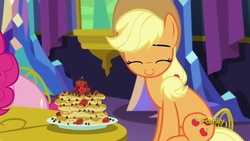 Size: 1280x720 | Tagged: safe, screencap, applejack, pinkie pie, earth pony, pony, castle sweet castle, g4, applejack's hat, cowboy hat, cute, eyes closed, female, hat, jackabetes, mare, pancakes, smiling, strawberry