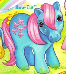 Size: 1171x1305 | Tagged: safe, bow tie (g1), earth pony, pony, g1, official, bow, female, freckles, mare, solo, tail, tail bow, text