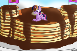 Size: 3600x2400 | Tagged: safe, artist:10art1, twilight sparkle, alicorn, pony, castle sweet castle, g4, season 5, chest fluff, featured image, female, high res, horn, horn impalement, i'm pancake, mare, pancakes, prone, smiling, solo, syrup, twihop, twilight sparkle (alicorn)
