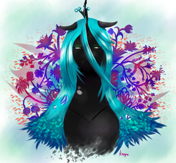 Size: 2700x2500 | Tagged: safe, artist:art-kaleidoscope, queen chrysalis, changeling, changeling queen, g4, eyes closed, female, flower, high res, portrait, solo