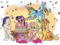 Size: 2000x1500 | Tagged: safe, artist:crispokefan, applejack, fluttershy, pinkie pie, rainbow dash, rarity, twilight sparkle, alicorn, pony, g4, bipedal, birthday cake, cake, candle, confetti, female, mane six, mare, party horn, twilight sparkle (alicorn)
