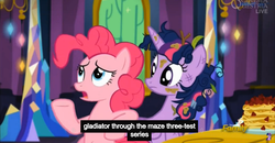 Size: 1600x830 | Tagged: safe, screencap, pinkie pie, twilight sparkle, alicorn, pony, castle sweet castle, g4, female, mare, meme, pancakes, twilight sparkle (alicorn), youtube caption