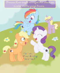 Size: 540x657 | Tagged: safe, artist:schwarzekatze4, applejack, dinky hooves, rainbow dash, rarity, ask the harmony crusaders, g4, alternate universe, ask, dinkycorn, dream walker, filly, harmony-verse, older, tumblr, younger