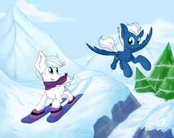 Size: 1781x1412 | Tagged: safe, artist:wolfypon, double diamond, night glider, pegasus, pony, g4, clothes, duo, female, flying, male, mare, mountain, scarf, skiing, snow, stallion