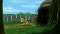 Size: 1920x1080 | Tagged: safe, artist:wolfypon, daring do, pegasus, pony, g4, cave, eyes, running, scenery