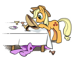 Size: 2000x1590 | Tagged: safe, artist:hunternif, applejack, berry punch, berryshine, earth pony, pony, castle sweet castle, g4, alcohol, applejack's hat, cowboy hat, drunk, female, hat, lying down, mare, on back, passed out, simple background, table, white background, wine