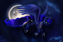 Size: 6000x3999 | Tagged: safe, artist:das_leben, princess luna, g4, absurd resolution, female, flying, mare in the moon, moon, night, solo, stars