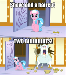 Size: 1280x1440 | Tagged: safe, screencap, aloe, bulk biceps, castle sweet castle, g4, discovery family logo, image macro, meme, shave and a haircut, spa, who framed roger rabbit