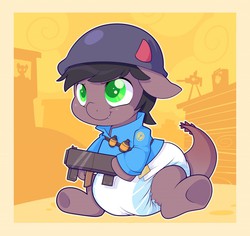 Size: 1280x1207 | Tagged: safe, artist:cuddlehooves, oc, oc only, oc:cheshire ghost, pony, baby, baby pony, clothes, commission, costume, diaper, foal, helmet, poofy diaper, soldier, soldier (tf2), team fortress 2