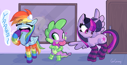 Size: 1670x855 | Tagged: safe, artist:girgrunny, derpy hooves, rainbow dash, spike, twilight sparkle, alicorn, dragon, pegasus, pony, g4, blushing, bow, bowtie, clothes, female, gloves, hair bow, heart, male, mare, open mouth, rainbow socks, socks, striped socks, twilight sparkle (alicorn), yawn
